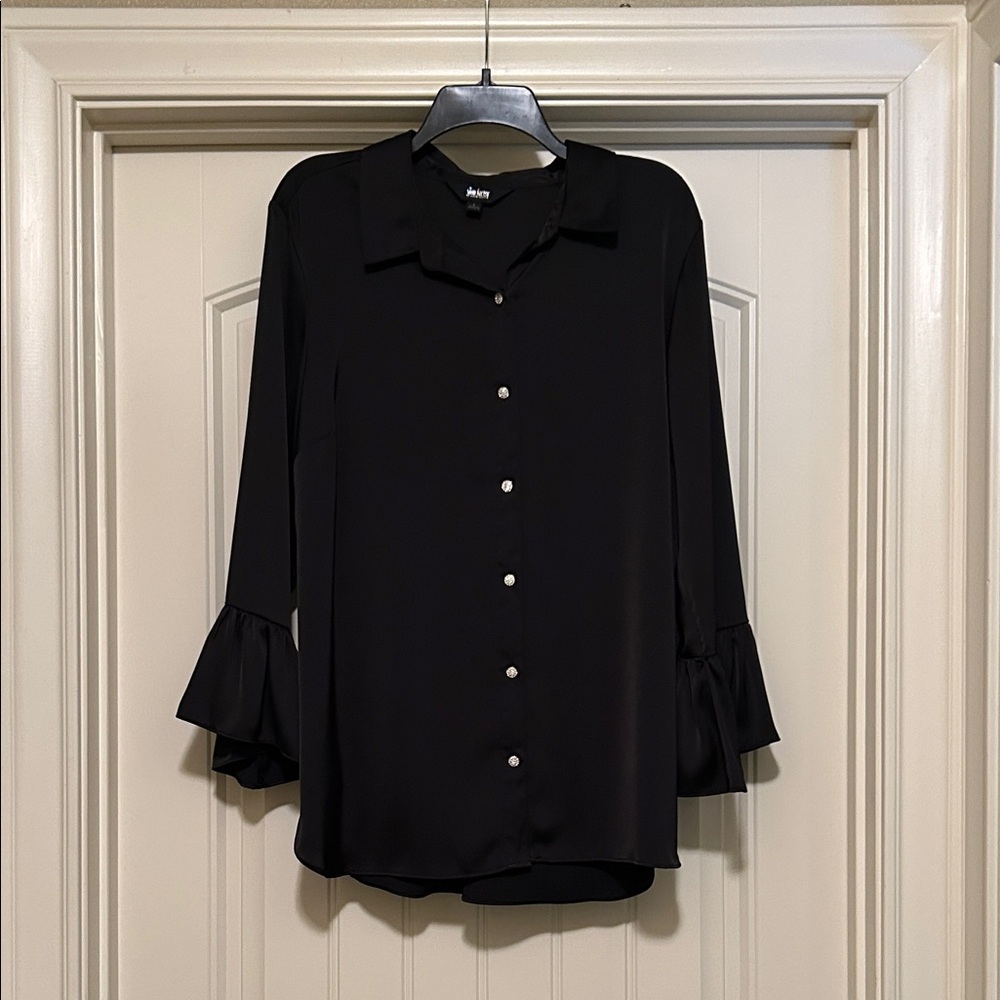 Slim Factor by Investments Black Ruffled Sleeve Button-Up Blouse
